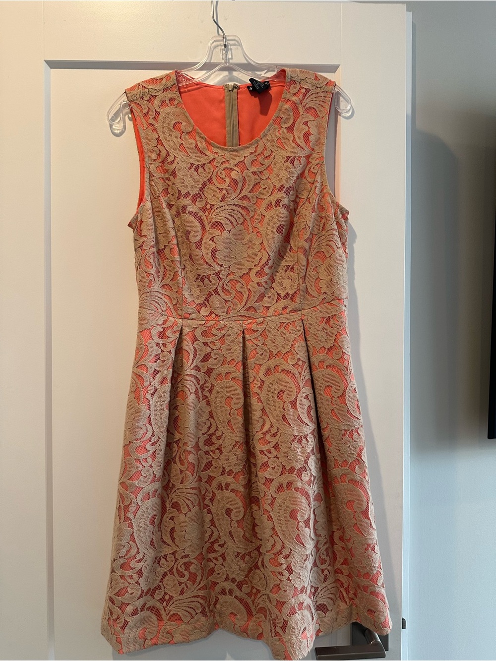 Lord & Taylor Sleeveless Coral and Gold Lace Fit & Flare Dress